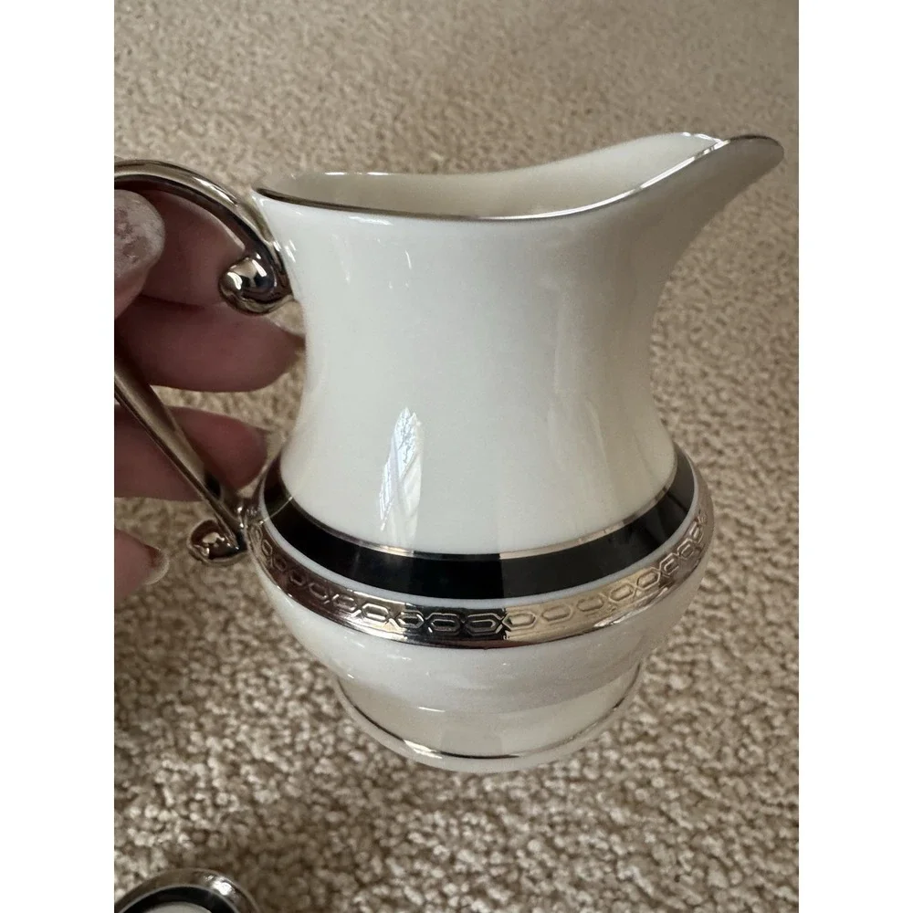 ⁠Pickard China Nocturne Creamer and Lidded Sugar Bowl Set Platinum Trim